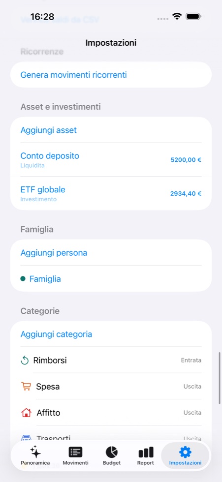 Impostazioni e import estratti conto GASIP