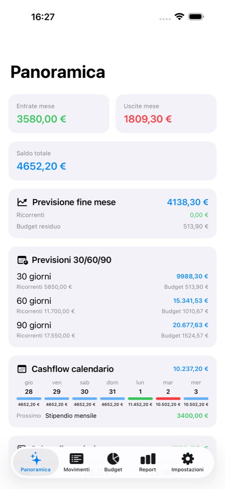 Dashboard GASIP con saldo, entrate e uscite del mese